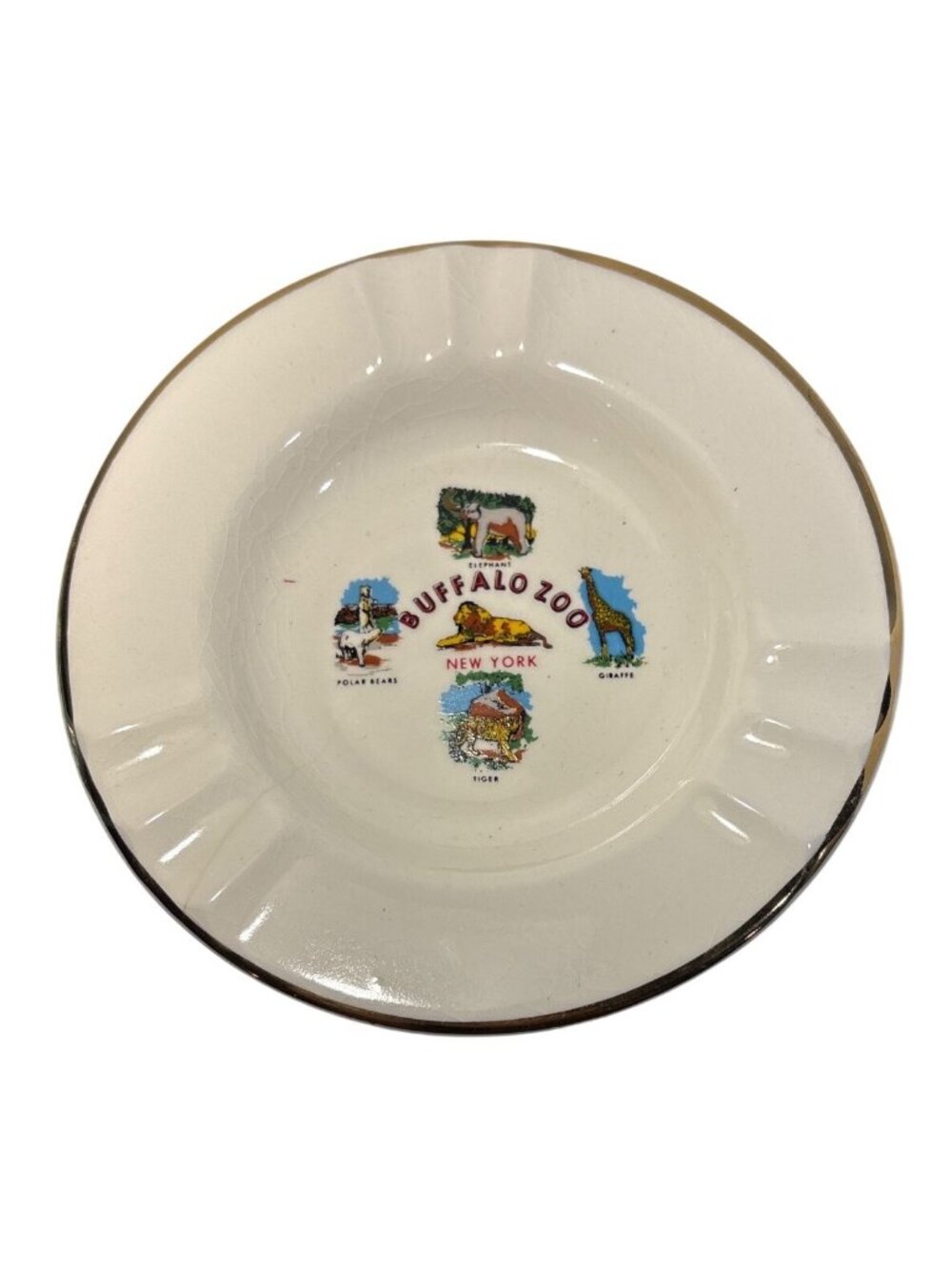 Buffalo Zoo Ashtray Souvenir Ceramic Gold Trim Bears Lion Giraffe Tiger Elephant